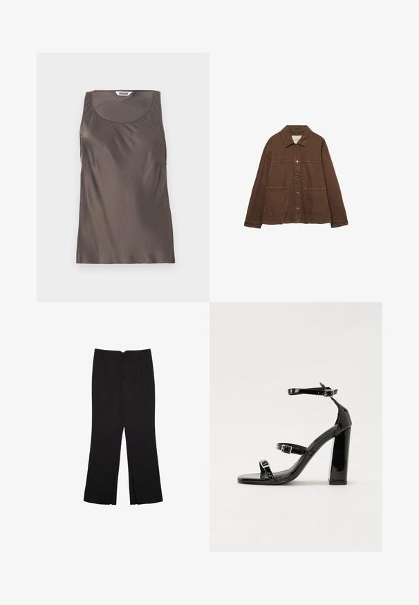 Brun bomuldsjakke med krave, frontknapper og to store påsyede lommer. Renskåret, lige snit.; Brun satin ærmeløs top med rund halsudskæring og bløde draperinger i siderne. Etiketten indeni viser mærkenavnet "WEEKDAY."; Sorte bukser med lige pasform, der har frontlommer og slidser i kanten. Lavet af blødt, glat stof. Velegnet til forskellige anledninger.; Sorte patenterede hælsandaler med firkantet tå, ankelremme og sølvspænder. Har en chunky blokHæl for stabilitet.
