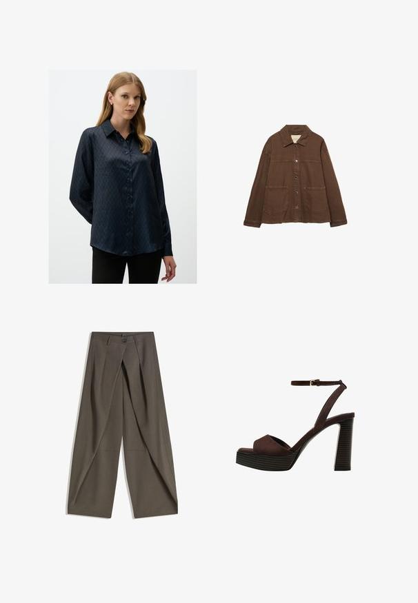 Braune Baumwolljacke mit einem Kragen, vorderen Druckknöpfen und zwei großen aufgesetzten Taschen. Sauberes, geradliniges Design.; Dunkelblaue Satinbluse mit Diamantmuster, spitzem Kragen und durchgehender Knopfleiste. Lange Ärmel mit entspannter Passform.; Weite Hosen aus einem strukturierten, dunkelgrauen Stoff. Mit einer vorderen Faltenlegung, Knopfverschluss und praktischen Seitentaschen ausgestattet.; Braune Wildleder-Pumps mit offenem Zeh, verstellbarem Knöchelriemen und gestreiftem Plateausohlen.