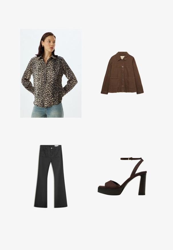 Brun bomuldsjakke med krave, frontknapper og to store påsyede lommer. Renskåret, lige snit.; Leopardprint skjorte i silke-blend stof; lange ærmer, knaplukning foran, klassisk krave, med sorte og beige nuancer, subtil glans.; Sorte flared jeans lavet af denim med en glat tekstur, som har to baglommer og en knaplukning i taljen.; Brune ruskinds højhælede sandal med åben tå, justerbar ankelrem og en stribet plade sål.