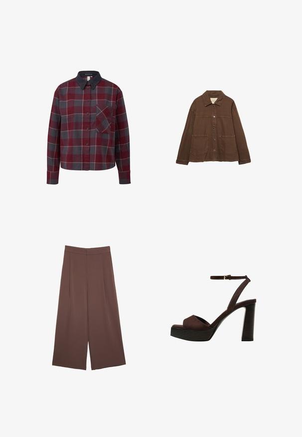 Giacca in cotone marrone con colletto, bottoni a pressione frontali e due grandi tasche a toppa. Design pulito e dritto.; Camicia a quadri con bottoni, caratterizzata da quadrati rossi, grigi e bianchi. Realizzata in cotone, con collo in velluto a coste e taschino sul petto. Maniche lunghe.; Pantaloni ampi marroni con una texture liscia, caratterizzati da una vita alta e pieghe frontali. Il tessuto è leggero e scorre liberamente.; Sandal in camoscio marrone con tacco alto, punta aperta, cinturino alla caviglia regolabile e suola a piattaforma striata.