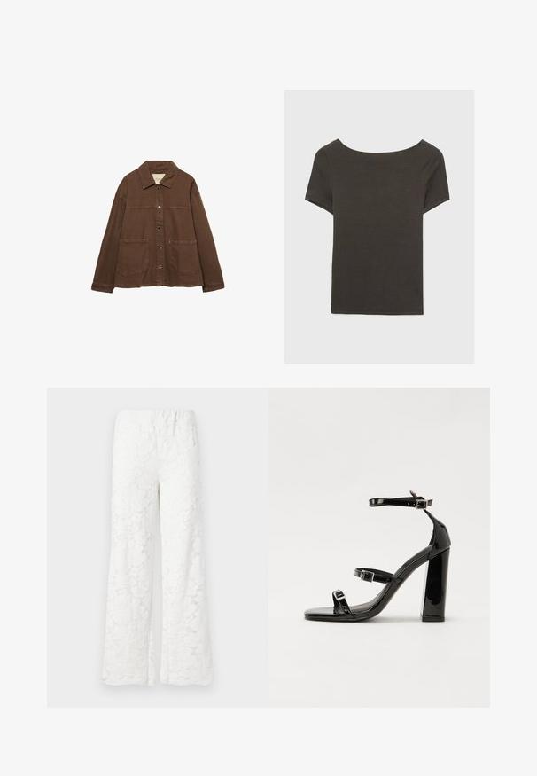 Bruine katoenen jas met een kraag, voorzijde met drukknoopjes en twee grote opgestikte zakken. Strak, rechtlijnig ontwerp.; Donkergrijze top met korte mouwen en een bootnek. Gemaakt van ribbelstof, met een relaxte pasvorm en een nette zoom. Eenvoudig ontwerp, geen patronen.; Witte bloemenkant wijduitlopende broek met een elastische tailleband, gekenmerkt door een gestructureerde stof en een delicaat bloemenpatroon overal.; Zwarte gepatenteerde sandalen met hak en een vierkante neus, enkelbandjes en zilveren gespen. Heeft een stevige blokhak voor stabiliteit.