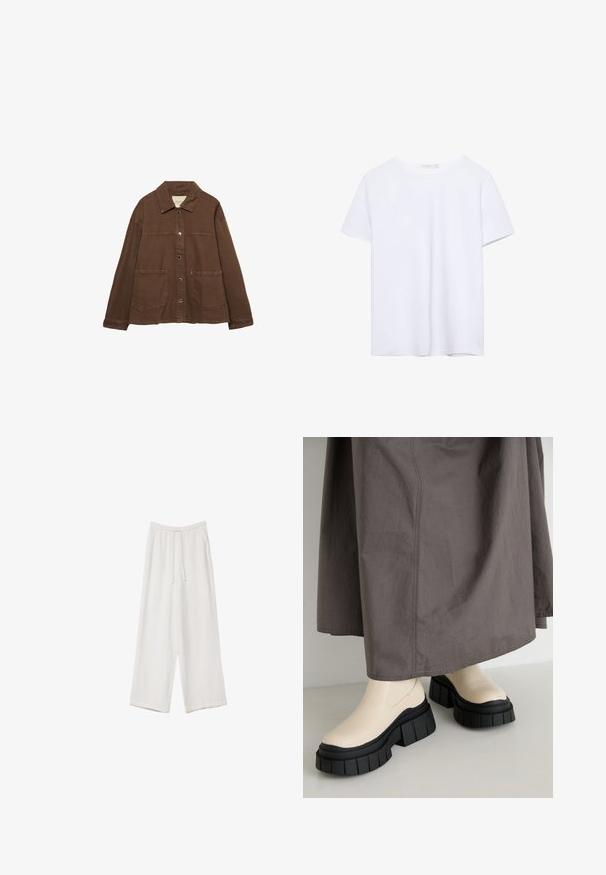 Rjava bombažna jakna z ovratnikom, sprednjimi snap gumbi in dvema velikima žepoma. Čista, ravna krojna zasnova.; Čista bela majica s kratkimi rokavi in okroglim ovratnikom, z ravnim robom, prikazana na beli podlagi.; Bele široke hlače iz lahkega materiala. Imajo elastičen pas s vrvico in stranske žepe. Gladka tekstura.; Bežna gležnjača s debelim crnim platformom, glatka kožna gornja strana i zaobljeni vrh. Siva suknja ih djelomično prekriva.