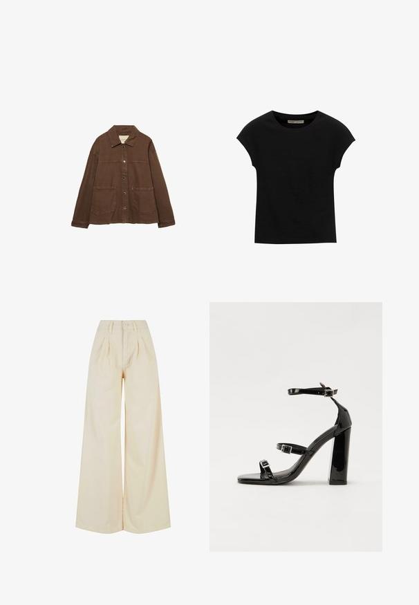 Giacca in cotone marrone con colletto, bottoni a pressione frontali e due grandi tasche a toppa. Design pulito e dritto.; T-shirt nera a maniche corte realizzata in tessuto morbido, con scollatura rotonda e vestibilità comoda, caratterizzata da una texture liscia e senza pattern.; Pantaloni beige a gamba larga con vita alta, dotati di chiusura a bottone e dettagli plissettati. Tessuto liscio con una morbida texture.; Sandali con tacco in vernice nera, con punta squadrata, cinturini alla caviglia e fibbie in argento. Presentano un tacco a blocco spesso per maggiore stabilità.