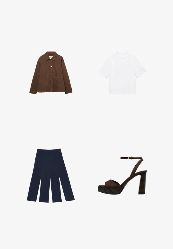 Braune Baumwolljacke mit einem Kragen, vorderen Druckknöpfen und zwei großen aufgesetzten Taschen. Sauberes, geradliniges Design.; Weißes Baumwoll-T-Shirt mit kurzen Ärmeln und rundem Ausschnitt. Einfaches Design, lockere Passform, glatte Textur. Keine Muster oder Verzierungen sichtbar.; Calliope A-Linien-Rock - blu; Braune Wildleder-Pumps mit offenem Zeh, verstellbarem Knöchelriemen und gestreiftem Plateausohlen.