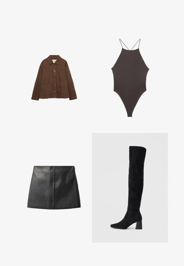 Braune Baumwolljacke mit einem Kragen, vorderen Druckknöpfen und zwei großen aufgesetzten Taschen. Sauberes, geradliniges Design.; Brauner, hochgeschlossener Badeanzug mit dünnen, verstellbaren Trägern; zeichnet sich durch einen hohen Beinschnitt und eine glatte Textur aus. Keine Muster oder Verzierungen.; Schwarzer Lederrock mit glatter Textur, figurbetontem Design und minimalistischer Silhouette. Verfügt über eine zentrale Naht und einen dezenten Seitenreißverschluss.; Schwarze Wildleder-Stiefel bis zum Knie mit Blockabsatz, spitzer Zehe und glattem, nahtlosem Design auf einem schlichten, hellen Hintergrund.