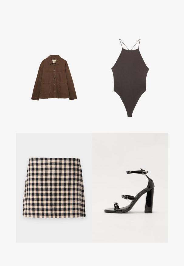 Hnědá bavlněná bunda s límcem, předními patentními knoflíky a dvěma velkými našitými kapsami. Čistý, rovný střih.; Hnědé, jednodílné plavky s vysokým krkem a tenkými, nastavitelnými ramínky; mají vysoký střih nohavic a hladkou texturu. Žádné vzory ani ozdoby.; Černá a krémová kostičkovaná sukně se rovnými liniemi, s hladkým povrchem a lemem, který končí nad kolenem. Bez kovových prvků nebo ozdob.; Černé lakované sandály na podpatku se čtveratou špičkou, lýtkovými pásky a stříbrnými přezkami. Disponují masivním blokovým podpatkem pro stabilitu.