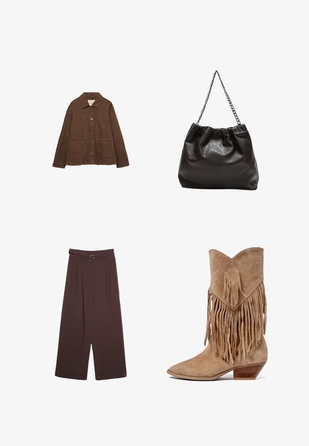 Brązowa bawełniana kurtka z kołnierzykiem, z przodu na zatrzaski i dwiema dużymi naszywanymi kieszeniami. Czysty, prosty krój.; Brązowy podkoszulek z krótkim rękawem wykonany z miękkiego materiału, z okrągłym dekoltem i luźnym krojem. Gładka struktura bez wzorów czy akcentów.; Stradivarius - Spodnie materiałowe; Beżowe zamszowe kowbojki z frędzlami, spiczastym noskiem i niskim, ściśniętym obcasem. Posiadają rombową łatę przy mankiecie.; Brązowa skórzana torba z marszczonym szczytem i łańcuszkowym paskiem. Gładka tekstura z błyszczącym wykończeniem i subtelnymi detalami szwów po bokach.