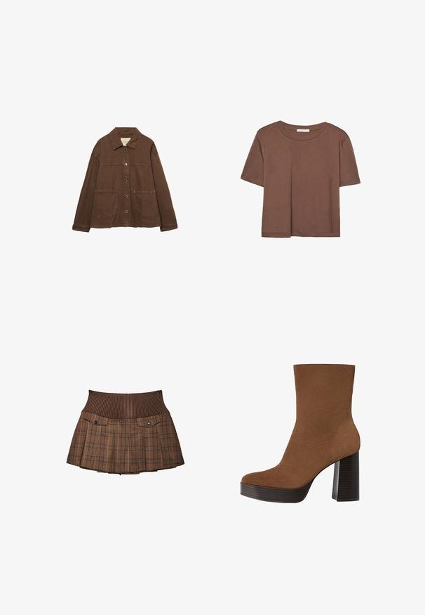 Hnědá bavlněná bunda s límcem, předními patentními knoflíky a dvěma velkými našitými kapsami. Čistý, rovný střih.; Hnědé tričko s krátkým rukávem vyrobené z měkké látky, s kulatým výstřihem a volným střihem. Bez viditelných vzorů nebo dekorací.; Hnědá kostkovaná sukně s žebrovaným pasem, má dvě přední kapsy s cvoky, sklady a upravený vzhled.; Hnědé semišové kotníkové boty s kulatou špičkou, robustním černým pruhovaným podpatkem a hladkým povrchem. Mají přiléhavý design bez viditelného kování.