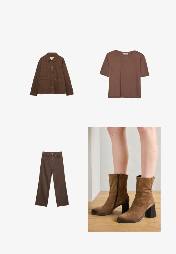 Hnědá bavlněná bunda s límcem, předními patentními knoflíky a dvěma velkými našitými kapsami. Čistý, rovný střih.; Hnědé tričko s krátkým rukávem vyrobené z měkké látky, s kulatým výstřihem a volným střihem. Bez viditelných vzorů nebo dekorací.; Hnědé džíny s širokými nohavicemi vyrobené z denimu, s vysokým pasem, předními kapsami a klasickým zapínáním na knoflík. Hladká textura s jemným švem.; Hnědé semišové kotníkové boty se zipem, čtvercovými podpatky a hladkým povrchem, se jednoduchým prošíváním podél stran.