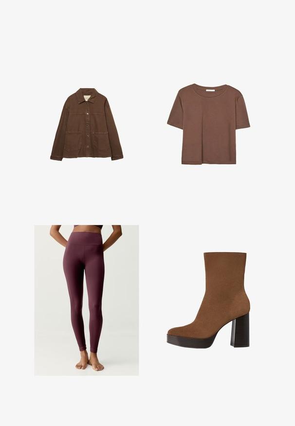 Giacca in cotone marrone con colletto, bottoni a pressione frontali e due grandi tasche a toppa. Design pulito e dritto.; Maglietta a maniche corte marrone realizzata in tessuto morbido, con scollatura rotonda e vestibilità rilassata. Nessun motivo o dettaglio visibile.; Leggings bordeaux realizzati in tessuto elasticizzato con un ampio elastico a coste in vita, dotati di dettagli a coste lungo i polpacci e una superficie liscia.; Stivale alla caviglia in suede marrone con punta arrotondata, tacco spesso a strisce nere e superficie liscia. Caratterizzato da un design aderente senza hardware visibile.