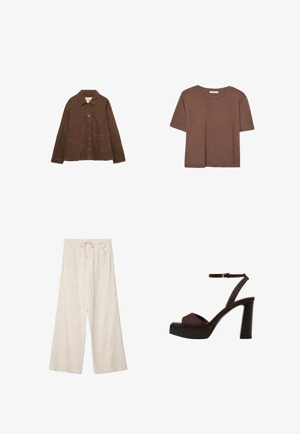 Rjava bombažna jakna z ovratnikom, sprednjimi snap gumbi in dvema velikima žepoma. Čista, ravna krojna zasnova.; Rjava kratka majica s kratkimi rokavi iz mehkega materiala, s krožnim izrezom in ohlapnim krojem. Brez vidnih vzorcev ali dodatkov.; Široke hlače iz svetle kremaste tkanine, z brzostnim cvetličnim vzorcem, elastičnim pasom in sprednjimi žepi.; Rjave semiš sandale z visoko peto, odprto spredaj, z nastavljivim gležnjenjem in črtastim podplatom.
