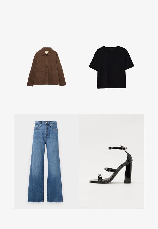 Hnedá bavlnená bunda s límcom, prednými cvokmi a dvoma veľkými náprsnými vreckami. Čistý, rovný strih.; Čierne tričko s krátkym rukávom vyrobené z bavlny. Má okrúhly výstrih a voľný strih s hladkou, jednofarebnou textúrou. Žiadne viditeľné vzory ani akcenty.; Modré vysoké nohavice s širokými nohavicami, so zapínaním na gombík a zips, prednými vreckami a jemným blednutím na látke.; Čierne lakované sandále na podpätku so štvorcovou špičkou, navlečenými remienkami okolo členku a striebornými prackami. Disponujú masívnym blokovým podpätkom pre stabilitu.