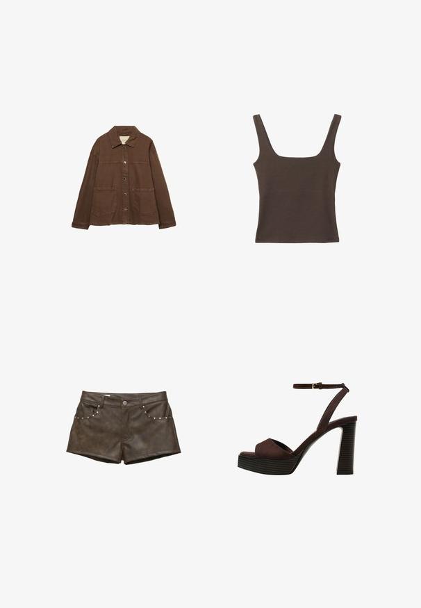 Hnedá bavlnená bunda s límcom, prednými cvokmi a dvoma veľkými náprsnými vreckami. Čistý, rovný strih.; Hnedý bezrúškový top so štvorcovým výstrihom, vyrobený z mäkkého, elastického materiálu. Má priliehavý strih a ploché švy.; Hnedé krátke nohavice z umelého kože s hladkou textúrou, so striebornými cvočkami na predných vreckách a zapínaním na gombík.; Hnedé semišové sandále na vysokom podpätku s otvorenou špičkou, nastaviteľným členkovým remienkom a pruhovanou platformovou podrážkou.