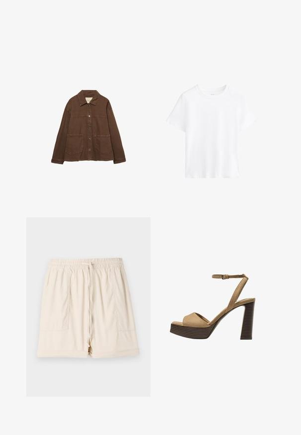 Brązowa bawełniana kurtka z kołnierzykiem, z przodu na zatrzaski i dwiema dużymi naszywanymi kieszeniami. Czysty, prosty krój.; Biała bawełniana koszulka, krótki rękaw, okrągły dekolt, luźny krój, gładka faktura, bez wzorów ani akcentów, prosty fason, uniwersalny styl.; Beżowe bawełniane szorty z elastycznym pasem, sznurkiem ściągającym i dwoma bocznymi kieszeniami; mają luźny krój i podwinięte wykończenie.; Beżowe zamszowe sandały na wysokim obcasie z szerokim paskiem z przodu i paskiem za kostkę, z masywnym drewnianym obcasem o teksturowanym wykończeniu.
