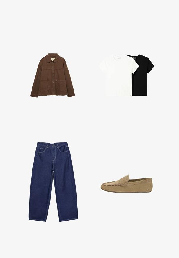 Hnedá bavlnená bunda s límcom, prednými cvokmi a dvoma veľkými náprsnými vreckami. Čistý, rovný strih.; Dve tričko s krátkym rukávom, jedno biele a jedno čierne, vyrobené z bavlny. Obe majú okrúhly výstrih a jednoduchý, klasický dizajn.; Tmavomodré denimové nohavice s širokými nohavicami a vysokým pásom, piatimi vreckami a kontrastným bielym prešívaním. Hladký povrch, klasický dizajn.; Hnedé semišové pánske loafery so šitým moc toe a pásikom na mince, plochá gumová podrážka, bočný profil na bielom pozadí.