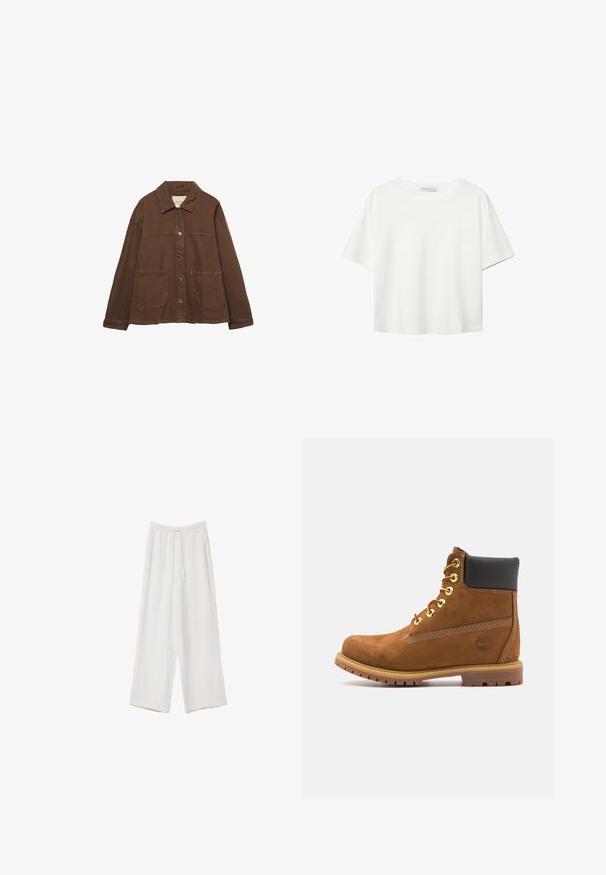 Giacca in cotone marrone con colletto, bottoni a pressione frontali e due grandi tasche a toppa. Design pulito e dritto.; T-shirt bianco a maniche corte realizzato in cotone. Presenta un collo tondo e una vestibilità rilassata. Texture liscia senza motivi o dettagli visibili.; Pantaloni a gamba larga bianchi realizzati in un tessuto leggero. Presentano una vita elastica con cordoncino e tasche laterali. Texture liscia.; Stivale alla caviglia in suede marrone con colletto imbottito nero, occhielli dorati, chiusura con lacci e suola in gomma con un motivo testurizzato.