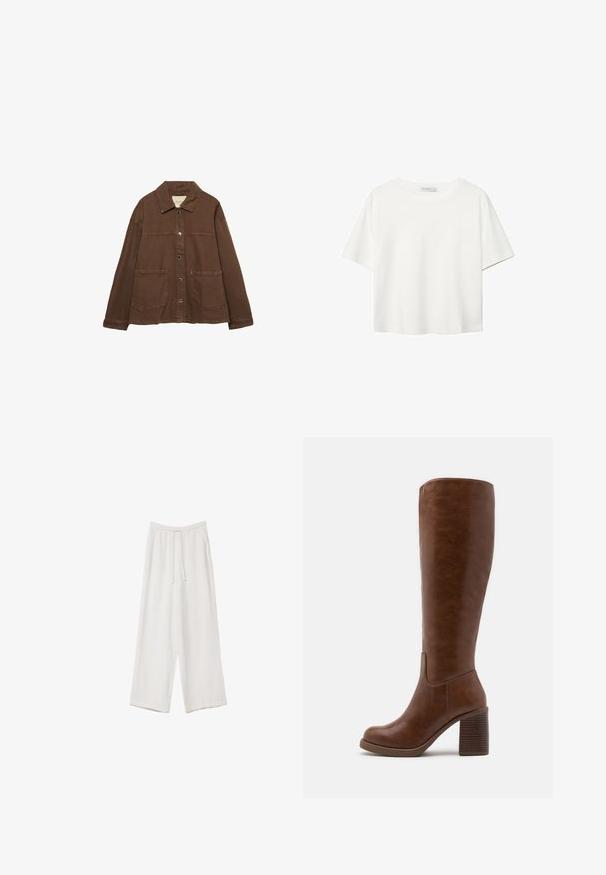 Braune Baumwolljacke mit einem Kragen, vorderen Druckknöpfen und zwei großen aufgesetzten Taschen. Sauberes, geradliniges Design.; Weißes T-Shirt mit kurzen Ärmeln aus Baumwolle. Hat einen Rundhalsausschnitt und eine lockere Passform. Glatte Textur ohne sichtbare Muster oder Akzente.; Weiße weit geschnittene Hose aus leichtem Stoff. Mit einem elastischen Bund und Kordelzug sowie Seitentaschen. Glatte Textur.; Braune kniehohe Stiefel aus glattem Kunstleder mit runder Spitze, Blockabsatz mit vertikalen Rillen und minimalistischen Design.