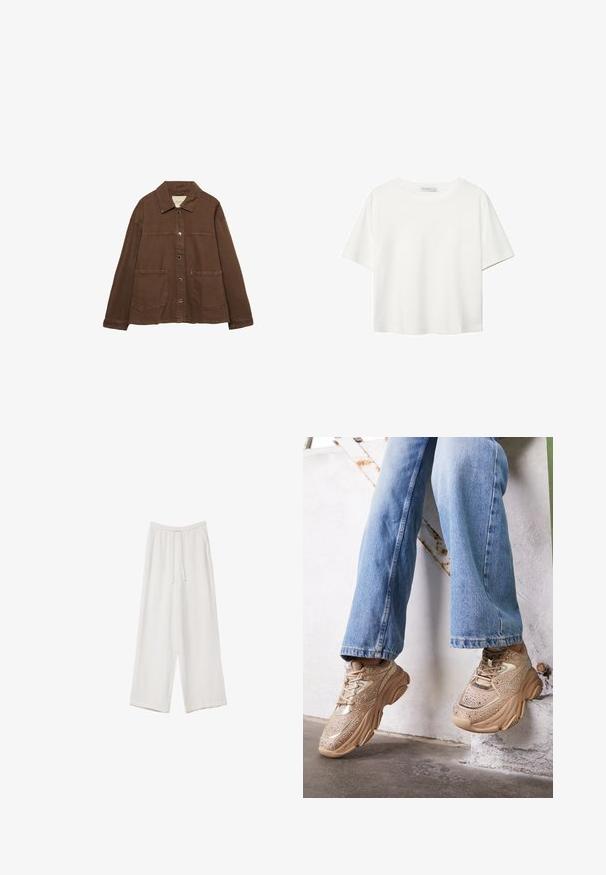 Veste en coton marron avec un col, des boutons-pression à l'avant et deux grandes poches plaquées. Design épuré et coupe droite.; T-shirt blanc à manches courtes en coton. Doté d'un col ras du cou et d'une coupe décontractée. Texture lisse sans motifs ni accents visibles.; Pantalons larges blancs en tissu léger. Dotés d'une taille élastique avec cordon de serrage et de poches latérales. Texture lisse.; Baskets beiges avec des accents métalliques, un design texturé et des détails en strass, assorties à un jean slim bleu clair.