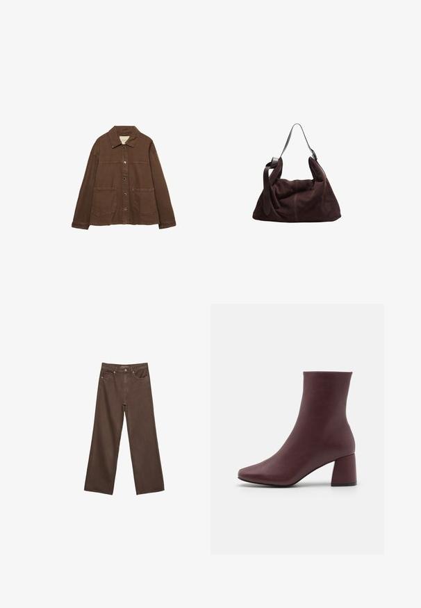 Brązowa bawełniana kurtka z kołnierzykiem, z przodu na zatrzaski i dwiema dużymi naszywanymi kieszeniami. Czysty, prosty krój.; Biała koszulka z krótkim rękawem, wykonana z bawełny. Posiada okrągły dekolt i luźny krój. Gładka faktura bez widocznych wzorów czy akcentów.; Szerokie brązowe dżinsy wykonane z denimu, z wysokim stanem, przednimi kieszeniami i klasycznym zapięciem na guzik. Gładka faktura z subtelnym przeszyciem.; ONLY SHOES ONLBRIELLE ciemnoczerwony; Ciemnobrązowa surowa torba hobo na ramię z szerokim, regulowanym skórzanym paskiem oraz miękką, workowatą formą na białym tle.