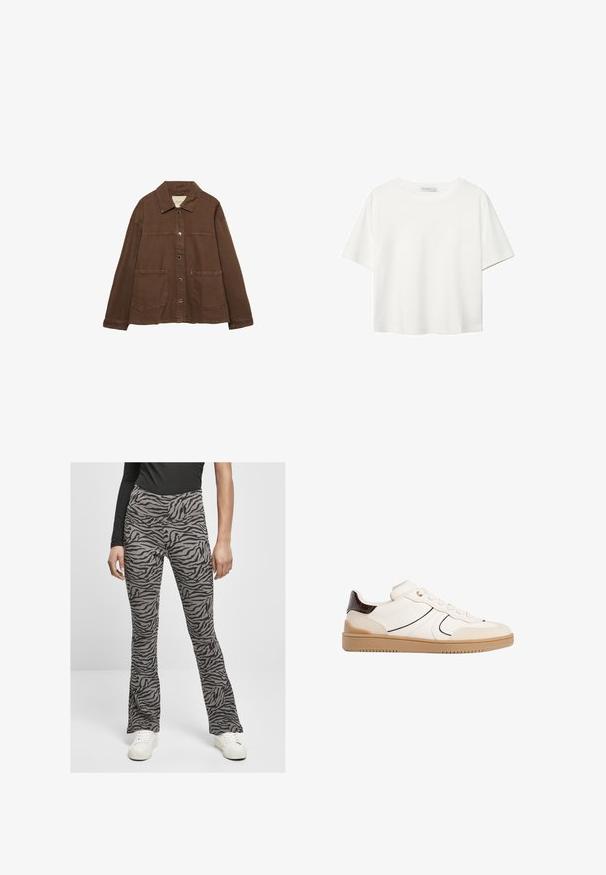 Rjava bombažna jakna z ovratnikom, sprednjimi snap gumbi in dvema velikima žepoma. Čista, ravna krojna zasnova.; Bela kratka majica s kratkimi rokavi iz bombaža. Ima okroglo izrezovanje in sproščen kroj. Gladka tekstura brez vidnih vzorcev ali poudarkov.; Hlače s širokim robom iz svetlo sive tkanine, okrašene črno-zebrastrastnim vzorcem. Oblikovane z visokim pasom in v kombinaciji z belimi supergami.; Stradivarius Športni copati - white