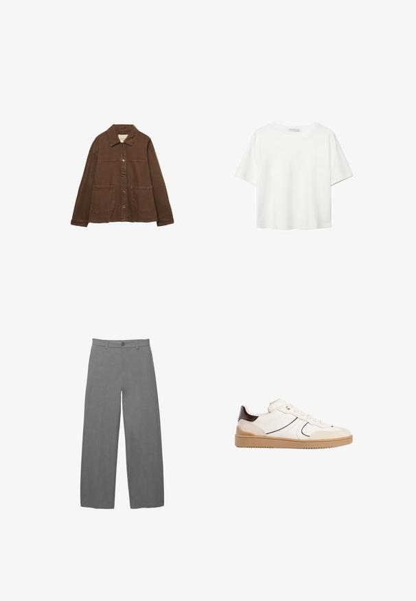 Brązowa bawełniana kurtka z kołnierzykiem, z przodu na zatrzaski i dwiema dużymi naszywanymi kieszeniami. Czysty, prosty krój.; Biała koszulka z krótkim rękawem, wykonana z bawełny. Posiada okrągły dekolt i luźny krój. Gładka faktura bez widocznych wzorów czy akcentów.; Świetlno-szare spodnie o szerokich nogawkach z gładkiej, fakturowanej tkaniny, z przodem zapinanym na guziki oraz szlufkami na pasek w talii.; Stradivarius - Sneakersy niskie