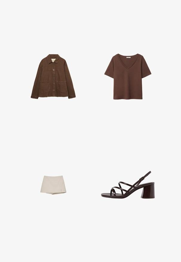 Giacca in cotone marrone con colletto, bottoni a pressione frontali e due grandi tasche a toppa. Design pulito e dritto.; T-shirt in cotone marrone con maniche corte e scollo a V profondo. Design semplice, texture morbida e orlo dritto. Senza fantasie o dettagli.; Gonna corta beige da donna con una leggera fessura anteriore e pantaloni shorts attaccati sotto, presentata su uno sfondo bianco.; Sandalo con tacco alto e cinturini marrone, dotato di un tacco spesso, con una finitura liscia e lucida e numerosi cinturini incrociati sulla parte superiore.
