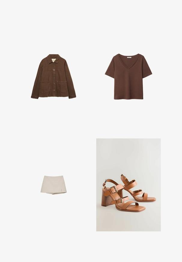 Ruskea puuvillapusero, jossa on kauluksellinen kaula-aukko, etuosassa napit ja kaksi suurta päällystaskua. Siisti, suora leikkaus.; Ruskea puuvillapaita, jossa on lyhyet hihat ja syvä V-kaula-aukko. Yksinkertainen muotoilu, pehmeä rakenne ja suora helma. Ei kuvioita tai yksityiskohtia.; Beige naisten skortti, jossa on kevyt etuhalkio ja kiinnitetyt shortsit alla, esillä valkoista taustaa vasten.; Ruske kožne sandale na visoku petu s višestrukim trakama, zlatnim detaljima i kutnim blok petom. Glatka tekstura, otvoreni vrh.