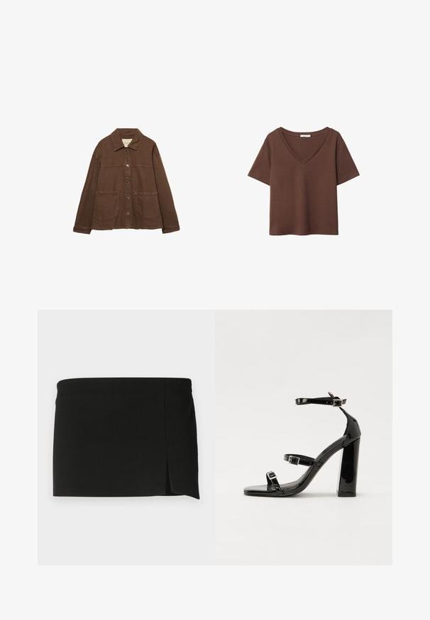 Brun bomulljacka med krage, tryckknappar framtill och två stora påsydda fickor. Rent, rakskuren design.; Brun bomulls t-shirt med korta ärmar och djup V-ringning. Enkel design, mjuk textur och rak fåll. Inga mönster eller dekorationer.; Svart mini kjol med rak skärning, med en lätt framklippning. Tillverkad av ett smidigt, stretchigt tyg för komfort och passform.; Svarta lackerade klacksandaler med fyrkantig tå, ankelremmar och silverfärgade spännen. Har en kraftig blockklack för stabilitet.
