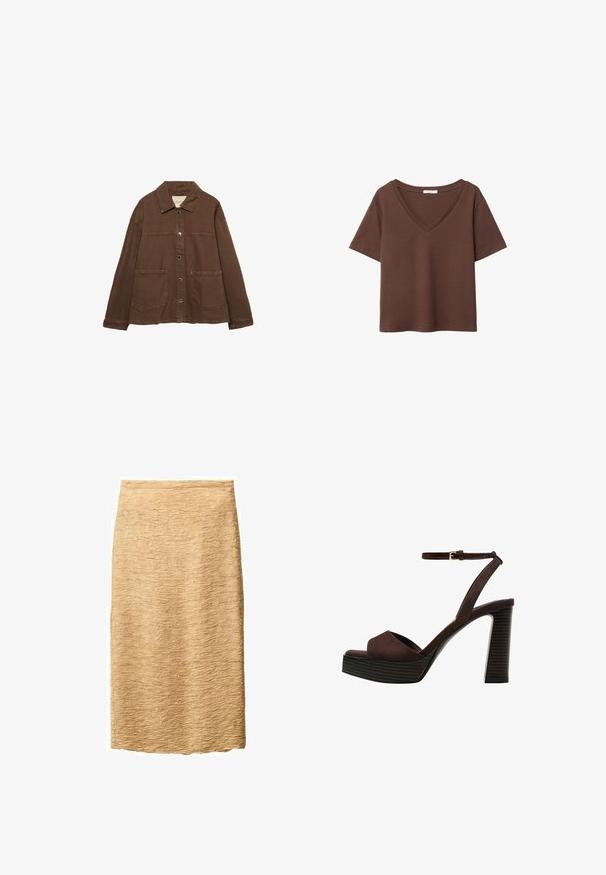 Brun bomuldsjakke med krave, frontknapper og to store påsyede lommer. Renskåret, lige snit.; Brun bomulds t-shirt med korte ærmer og dyb V-hals. Enkel design, blød tekstur og lige kant. Ingen mønstre eller detaljer.; Beige blyantkjole med en tekstureret overflade, prydet med et subtilt bølge mønster. Knælængde og lavet af et letvægtsstof.; Brune ruskinds højhælede sandal med åben tå, justerbar ankelrem og en stribet plade sål.