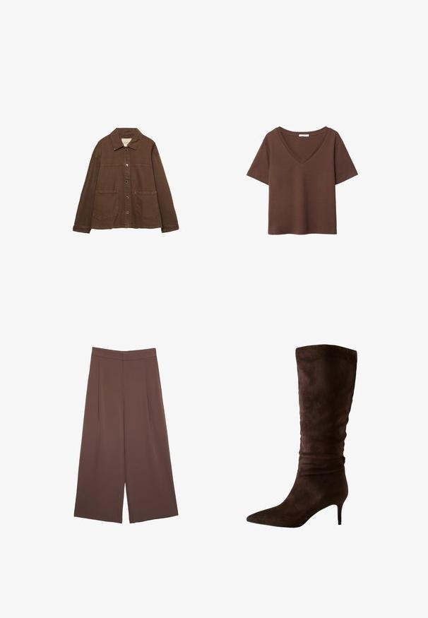 Braune Baumwolljacke mit einem Kragen, vorderen Druckknöpfen und zwei großen aufgesetzten Taschen. Sauberes, geradliniges Design.; Braunes Baumwoll-T-Shirt mit kurzen Ärmeln und tiefem V-Ausschnitt. Einfaches Design, weiche Textur und gerade Saumlinie. Keine Muster oder Akzente.; Braune Weite-Leg-Hosen mit einer glatten Textur, hoher Taille und Vorderfalten. Der Stoff ist leicht und fällt locker.; Braune Wildleder kniehohe Stiefel mit spitzer Zehenpartie und schlankem Absatz. Das Design zeichnet sich durch eine geraffte Textur nahe der Oberseite aus, die für zusätzlichen Detailreichtum sorgt.