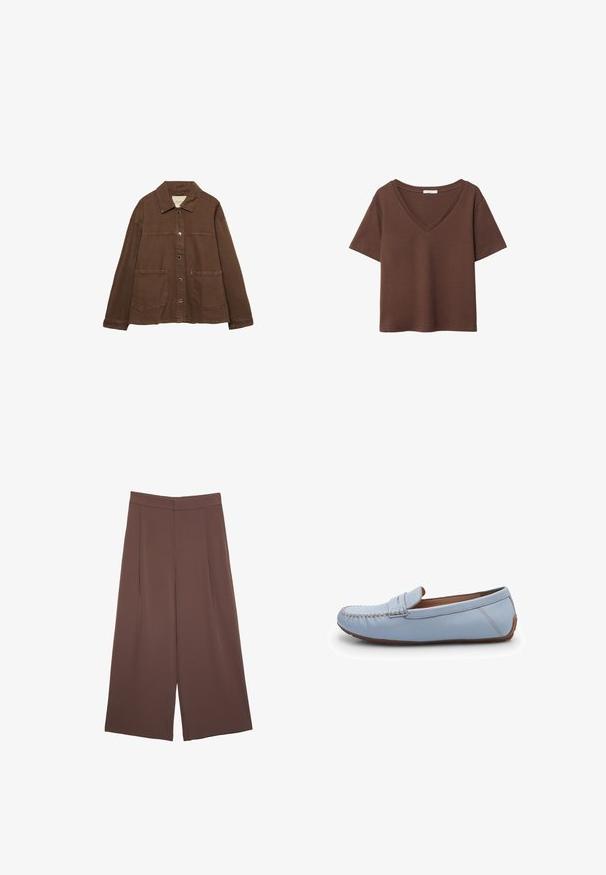 Hnědá bavlněná bunda s límcem, předními patentními knoflíky a dvěma velkými našitými kapsami. Čistý, rovný střih.; Hnědý bavlněný tričko s krátkými rukávy a hlubokým V-výstřihem. Jednoduchý design, měkká textura a rovný lem. Žádné vzory ani akcenty.; Hnědé široké kalhoty s hladkou texturou, vysokým pasem a předními záhyby. Materiál je lehký a volně splývá.; Světle modré kožené mokasíny s prošíváním, kulatou špičkou a hladkým povrchem. Gumová podrážka s nízkoprofilovým designem.