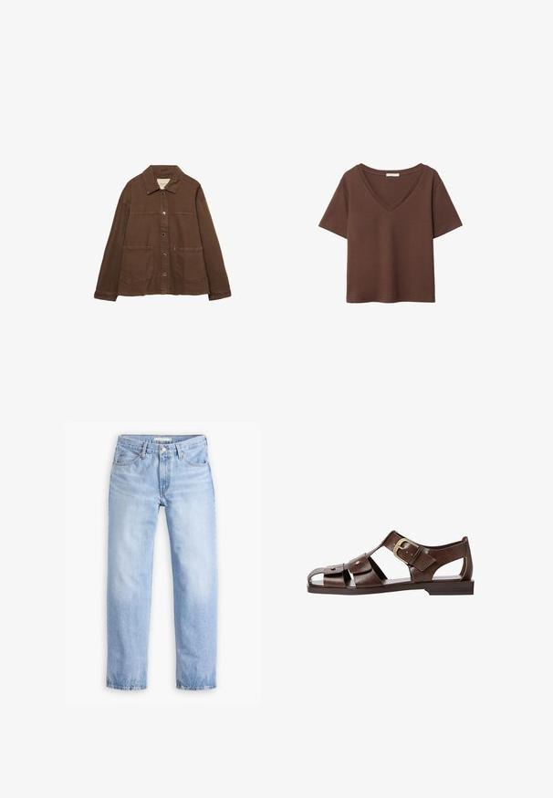 Smeđa pamučna jakna s ovratnikom, prednjim snap gumbima i dva velika džepa. Čist, ravno krojen dizajn.; Smeđa pamučna majica kratkih rukava s dubokim V-izrezom. Jednostavan dizajn, mekana tekstura i ravni rub. Bez uzoraka ili naglasaka.; Svijetloplave traperice ravnog kroja, sa pet džepova i srednje povišenim strukom. Imaju izblijedjeli uzorak i šivani rub.; Smeđe kožne sandale s izrezbarenim dizajnom, podesivim bočnim kopčanjem i ravnim potplatom, s metalnim detaljima i otvorenim prstima.