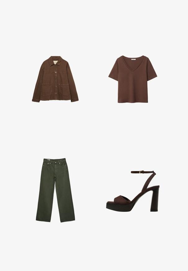 Braune Baumwolljacke mit einem Kragen, vorderen Druckknöpfen und zwei großen aufgesetzten Taschen. Sauberes, geradliniges Design.; Braunes Baumwoll-T-Shirt mit kurzen Ärmeln und tiefem V-Ausschnitt. Einfaches Design, weiche Textur und gerade Saumlinie. Keine Muster oder Akzente.; Olivgrüne, weite Hose mit Knopfverschluss, Reißverschluss, Gürtelschlaufen und fünf Taschen, präsentiert auf weißem Hintergrund.; Braune Wildleder-Pumps mit offenem Zeh, verstellbarem Knöchelriemen und gestreiftem Plateausohlen.