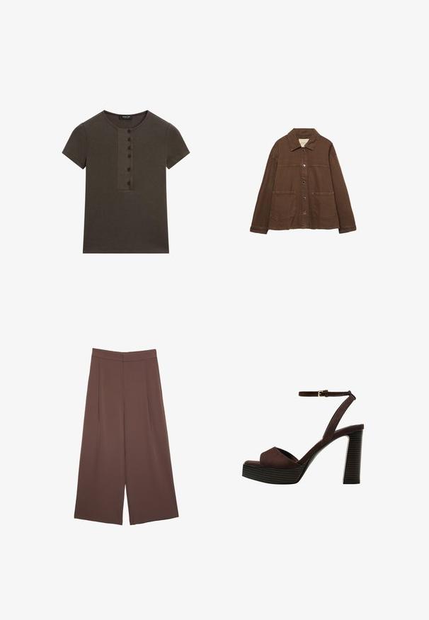 Hnědá bavlněná bunda s límcem, předními patentními knoflíky a dvěma velkými našitými kapsami. Čistý, rovný střih.; Tmavě zelené žebrované tričko s krátkými rukávy, kulatým výstřihem a pětiknopovou légou vpředu. Jemná textura a minimalistický design.; Hnědé široké kalhoty s hladkou texturou, vysokým pasem a předními záhyby. Materiál je lehký a volně splývá.; Hnědé semišové sandály na vysokém podpatku s otevřenou špičkou, nastavitelným páskem kolem kotníku a proužkovou platformou.