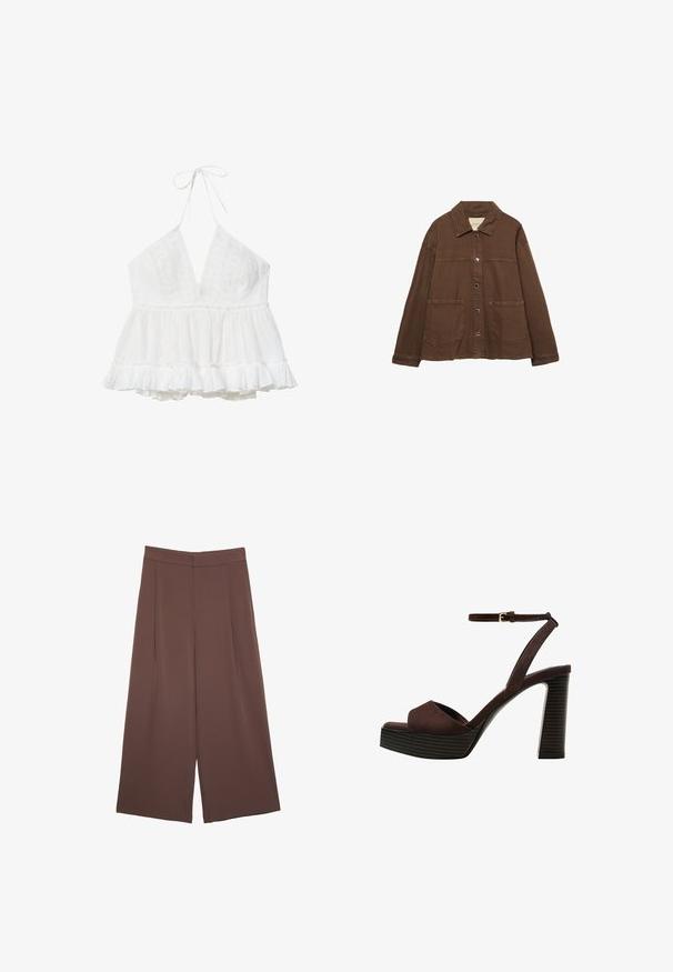 Bruine katoenen jas met een kraag, voorzijde met drukknoopjes en twee grote opgestikte zakken. Strak, rechtlijnig ontwerp.; Witte mouwloze haltertop met diepe V-hals, kantdetails op het lijfje en een gerimpelde peplum zoom voor een vloeiende pasvorm.; Bruine wijde broek met een gladde textuur, voorzien van een hoge taille en plooien aan de voorkant. De stof is lichtgewicht en valt losjes.; Bruine suède high-heeled sandaal met een open teen, verstelbare enkelband en een gestreepte plateauzool.