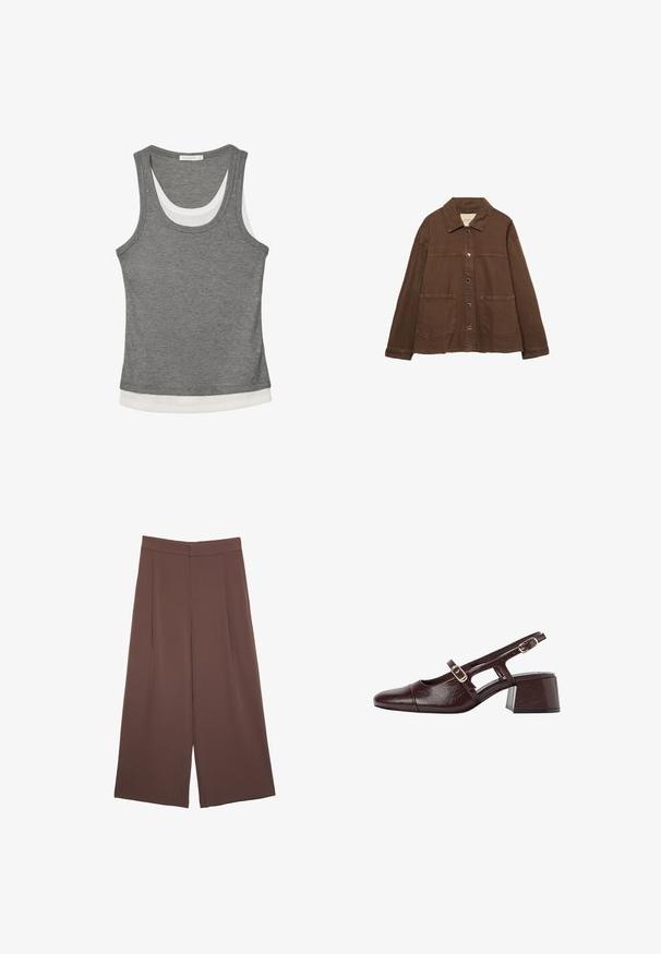 Brun bomulljacka med krage, tryckknappar framtill och två stora påsydda fickor. Rent, rakskuren design.; Grå linne i ribbat tyg med en vit lagerkant i nederkant och rundad halsringning. Designen är ärmlös och har en figurnära passform.; Bruna vida byxor med en slät textur, som har hög midja och framfickor. Tyget är lätt och flödar löst.; Bruna läderslingbackpumps med fyrkantig tå, urklippta sidor och klack. Har ett spänne på ankelremmen.