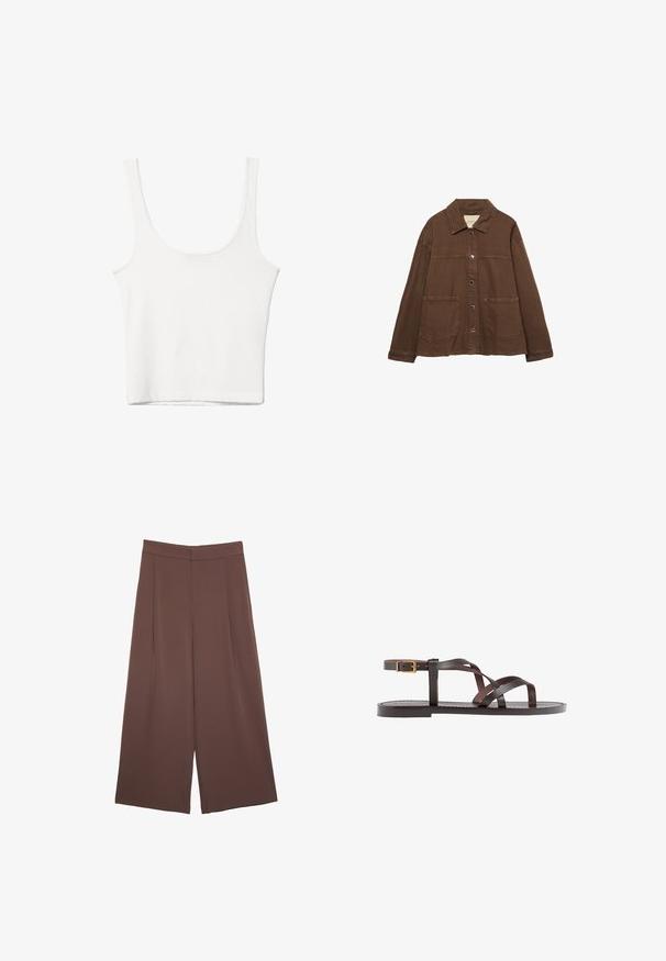 Ruskea puuvillapusero, jossa on kauluksellinen kaula-aukko, etuosassa napit ja kaksi suurta päällystaskua. Siisti, suora leikkaus.; Valkoinen puuvillainen hihaton toppi, jossa on pyöristetty pääntie, ei hihoja ja vartalonmyötäinen muoto. Sileä pinta, yksinkertainen muotoilu ja vähäiset ompeluyksityiskohdat.; Ruskeat leveälahkeiset housut, joissa on sileä pinta, korkea vyötärö ja etupleat. Kangas on kevyttä ja laskeutuu väljänä.; Ruske kožne sandale s križnim trakama, zatvaranjem na kopču oko gležnja i ravnim potplatom s minimalnim detaljima šivanja.