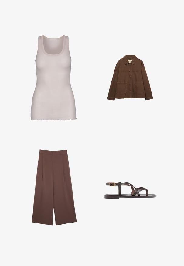 Braune Baumwolljacke mit einem Kragen, vorderen Druckknöpfen und zwei großen aufgesetzten Taschen. Sauberes, geradliniges Design.; Helles rosa Tanktop aus glattem Stoff. Es verfügt über einen Rundhalsausschnitt, breite Träger und einen leicht gewellten Saum.; Braune Weite-Leg-Hosen mit einer glatten Textur, hoher Taille und Vorderfalten. Der Stoff ist leicht und fällt locker.; Braune Leder-Sandale mit überkreuzten Riemen, einem Knöchelriemen mit Schnalle und einer flachen Sohle mit minimalen Nähdetails.