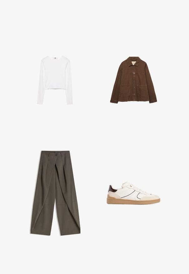 Brun bomuldsjakke med krave, frontknapper og to store påsyede lommer. Renskåret, lige snit.; Hvid langærmet crop top lavet af blødt stof. Har en rund halsudskæring og et enkelt, slankt design uden mønstre eller udsmykninger.; Vide bukser lavet af et struktureret, mørkegråt stof. Har en frontfald, knaplukning og sidelommer for praktisk anvendelse.; Stradivarius Sneakers - white