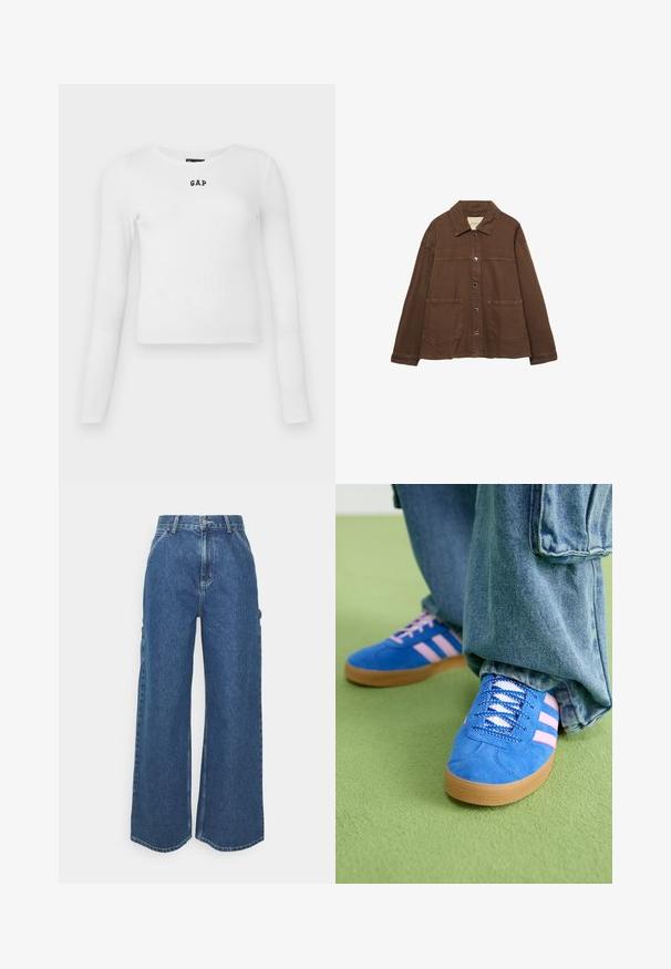 Hnedá bavlnená bunda s límcom, prednými cvokmi a dvoma veľkými náprsnými vreckami. Čistý, rovný strih.; Biely dlhý rukáv rebrovaný top s okrúhlym výstrihom a malým čiernym logom "GAP" v strede. Jemná, elastická látka s priliehavým strihom.; Dlhé modré džínsy so širokými nohavicami a vysokým pásom, s kontrastným prešívaním a bočnými vreckami, s klasickým dizajnom piatich vreciek a surovými lemami.; Modré semišové topánky s ružovými pruhmi a bielymi šnúrkami, s gumenou podrážkou, skombinované s voľnými džínsami na zelenej ploche.
