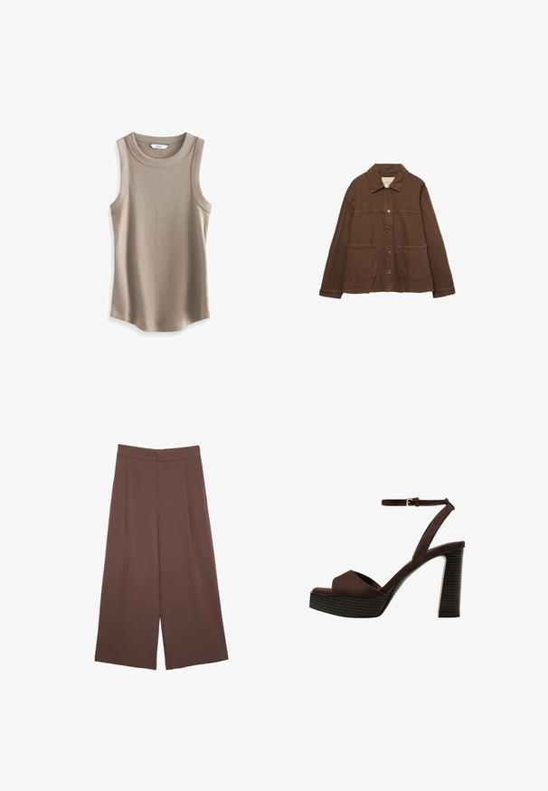 Hnedá bavlnená bunda s límcom, prednými cvokmi a dvoma veľkými náprsnými vreckami. Čistý, rovný strih.; Next RACER STANDARD - Top - brown; Hnedé nohavice so širokými nohavicami a hladkou textúrou, s vysokým pásom a prednými skladmi. Tkanina je ľahká a voľne sa pohybuje.; Hnedé semišové sandále na vysokom podpätku s otvorenou špičkou, nastaviteľným členkovým remienkom a pruhovanou platformovou podrážkou.