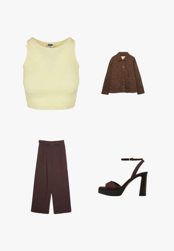 Bruine katoenen jas met een kraag, voorzijde met drukknoopjes en twee grote opgestikte zakken. Strak, rechtlijnig ontwerp.; Lichtgele geribde crop top met een ronde halslijn en een mouwloos ontwerp. Heeft een label met "URBAN CLASSICS" binnenin de kraag.; Stradivarius WIDE-LEG WITH BUCKLE DETAIL - Broek - dark brown; Bruine suède high-heeled sandaal met een open teen, verstelbare enkelband en een gestreepte plateauzool.