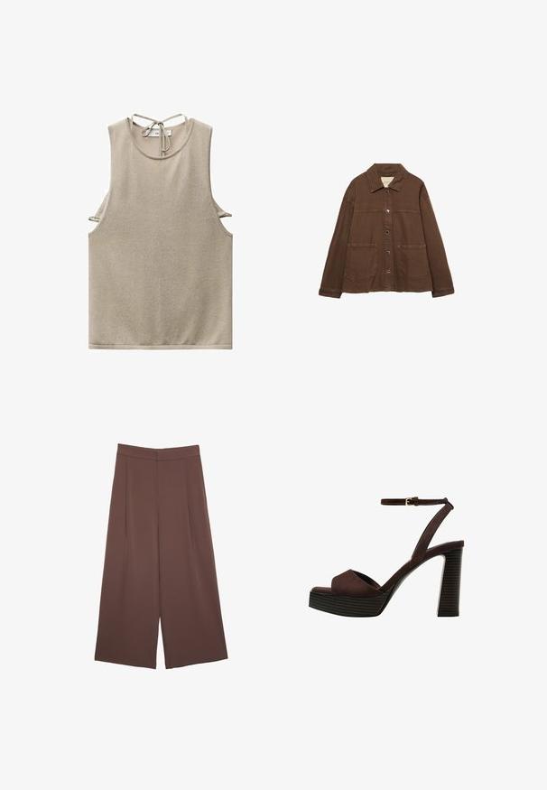 Brun bomulljacka med krage, tryckknappar framtill och två stora påsydda fickor. Rent, rakskuren design.; Beige ärmlös topp i mjukt tyg, med rundad halsringning och knytning bak. Sidokutningar ger en modern designaspekt.; Bruna vida byxor med en slät textur, som har hög midja och framfickor. Tyget är lätt och flödar löst.; Bruna mocka högklackade sandaler med öppen tå, justerbar vristrem och en randig plattformssula.