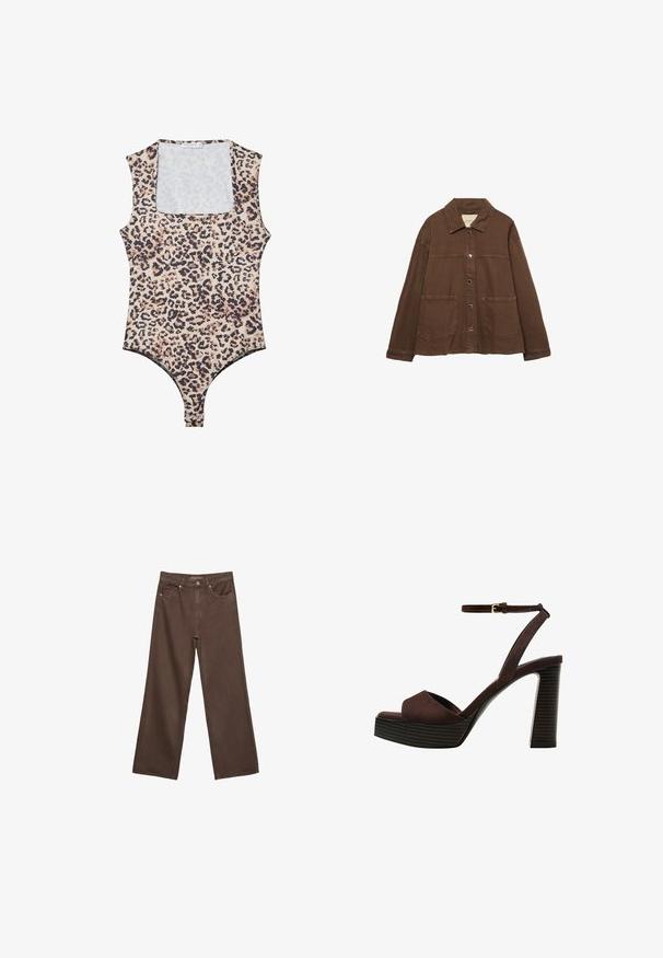Brązowa bawełniana kurtka z kołnierzykiem, z przodu na zatrzaski i dwiema dużymi naszywanymi kieszeniami. Czysty, prosty krój.; Body z printem w panterkę, z okrągłym dekoltem, bez rękawów, wykonany z miękkiego materiału i z zapięciem na zatrzask w dolnej części. Paleta kolorów obejmuje beż i czerń.; Szerokie brązowe dżinsy wykonane z denimu, z wysokim stanem, przednimi kieszeniami i klasycznym zapięciem na guzik. Gładka faktura z subtelnym przeszyciem.; Brązowe zamszowe sandały na wysokim obcasie z odkrytymi palcami, regulowanym paskiem na kostce i paskowatą podeszwą.