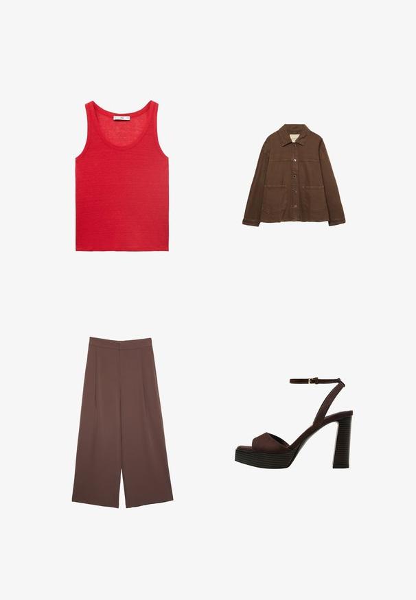 Brown cotton jacket featuring a collared neckline, front snap buttons, and two large patch pockets. Clean, straight-cut design.; Red sleeveless tank top made of lightweight fabric, featuring a round neck and a simple, smooth texture without patterns or embellishments.; Brown wide-leg trousers with a smooth texture, featuring a high waist and front pleats. The fabric is lightweight and flows loosely.; Brown suede high-heeled sandal with an open toe, adjustable ankle strap, and a striped platform sole.
