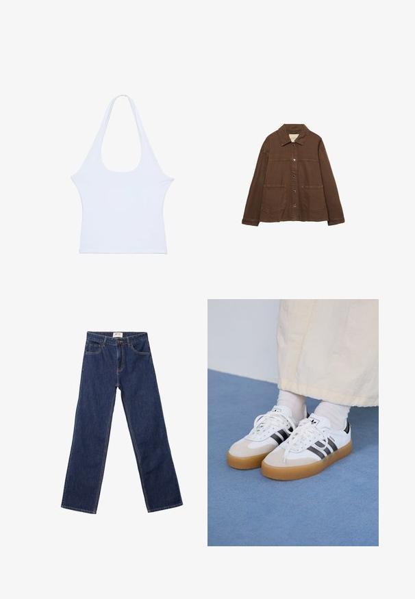 Braune Baumwolljacke mit einem Kragen, vorderen Druckknöpfen und zwei großen aufgesetzten Taschen. Sauberes, geradliniges Design.; Ein weißes ärmelloses Oberteil aus weichem Material mit einem weit geschnittenen Rundhalsausschnitt, das insgesamt schlicht gehalten ist. Es hat kein auffälliges Muster oder Dekoration und eine glatte Textur.; Dunkelblaue gerade Jeans mit Fronttaschen, Gürtelschlaufen und einem Knopfverschluss.; Weiße Sneaker mit schwarzen Streifen und beigen Wildlederakzenten. Besitzen eine strukturierte Gummisohle und flache weiße Schnürsenkel, getragen mit hellen Socken.