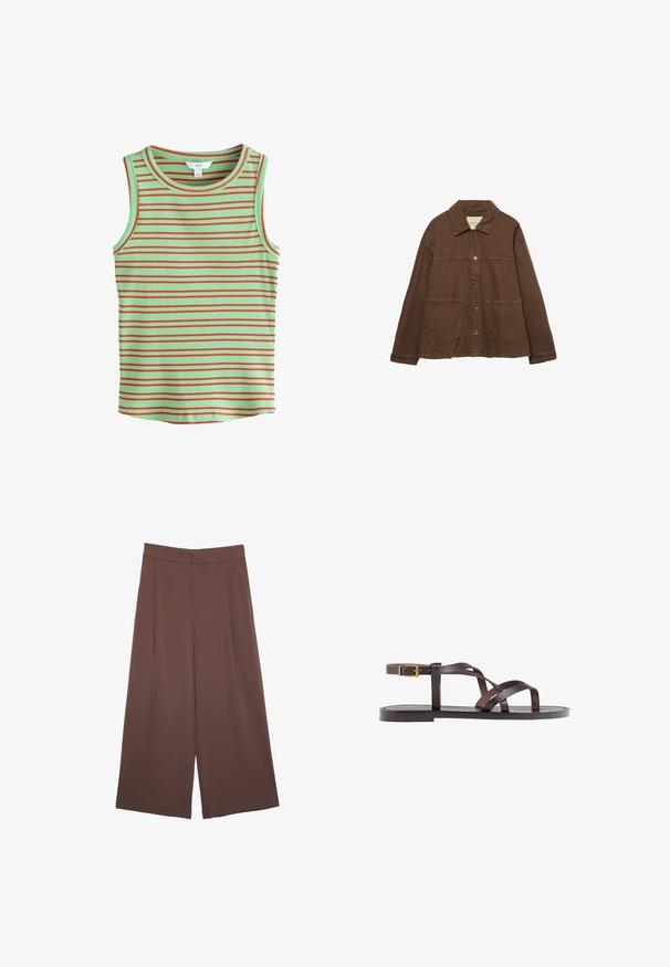 Ruskea puuvillapusero, jossa on kauluksellinen kaula-aukko, etuosassa napit ja kaksi suurta päällystaskua. Siisti, suora leikkaus.; Hihaton ribbepusero, jossa on mintunvihreä pohja ja vaakasuorat punaiset raidat. Varustettu pyöreällä kaula-aukolla ja pehmeällä koostumuksella.; Ruskeat leveälahkeiset housut, joissa on sileä pinta, korkea vyötärö ja etupleat. Kangas on kevyttä ja laskeutuu väljänä.; Ruske kožne sandale s križnim trakama, zatvaranjem na kopču oko gležnja i ravnim potplatom s minimalnim detaljima šivanja.