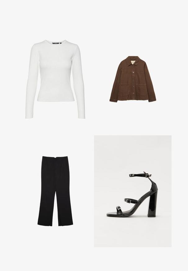 Braune Baumwolljacke mit einem Kragen, vorderen Druckknöpfen und zwei großen aufgesetzten Taschen. Sauberes, geradliniges Design.; Weißes Langarmshirt aus geripptem Stoff mit rundem Ausschnitt und enganliegendem Design. Keine sichtbaren Muster oder Akzente.; Schwarze Hose mit geradem Schnitt, ausgestattet mit Fronttaschen und Seitenschlitzen am Saum. Hergestellt aus weichem, glattem Stoff. Geeignet für verschiedene Anlässe.; Schwarze patentierte Sandalen mit Absatz, quadratischer Spitze, Knöchelriemen und silbernen Schnallen. Mit einem stabilen Blockabsatz für mehr Stabilität.
