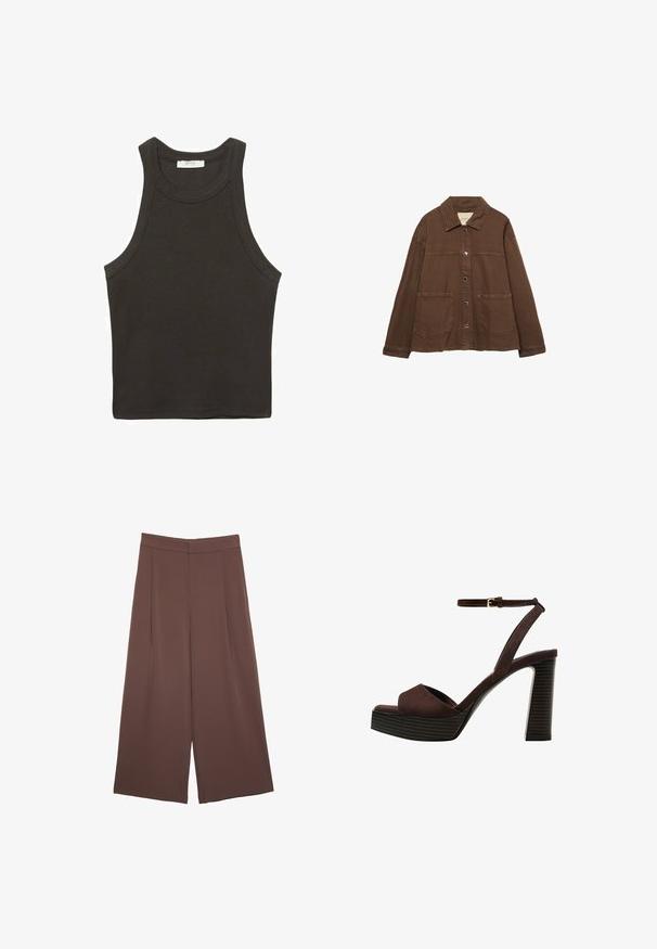 Hnedá bavlnená bunda s límcom, prednými cvokmi a dvoma veľkými náprsnými vreckami. Čistý, rovný strih.; Tmavosivá bezrukávová top s okrúhlym výstrihom, vyrobená z bavlnenej zmesi. Má čisté okraje a neobsahuje viditeľné vzory ani akcenty.; Hnedé nohavice so širokými nohavicami a hladkou textúrou, s vysokým pásom a prednými skladmi. Tkanina je ľahká a voľne sa pohybuje.; Hnedé semišové sandále na vysokom podpätku s otvorenou špičkou, nastaviteľným členkovým remienkom a pruhovanou platformovou podrážkou.