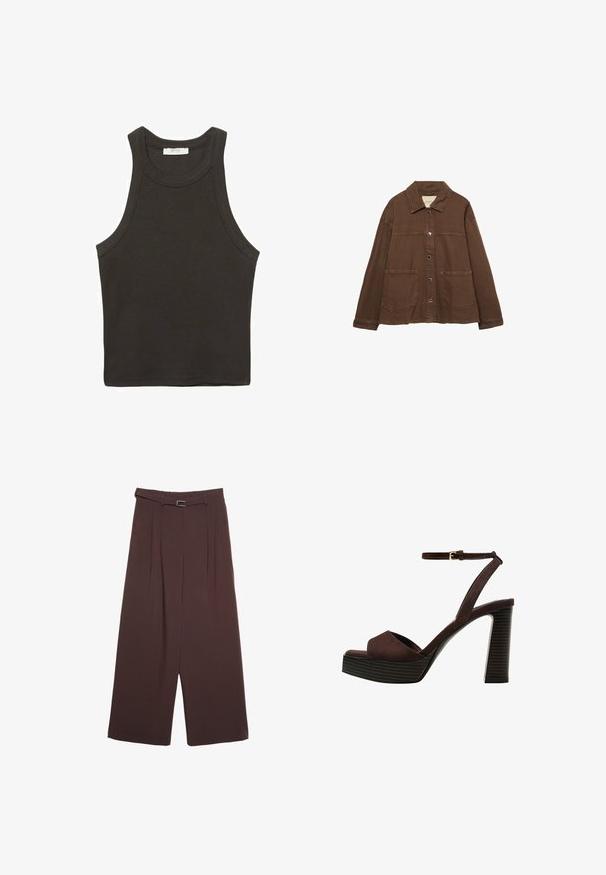Brązowa bawełniana kurtka z kołnierzykiem, z przodu na zatrzaski i dwiema dużymi naszywanymi kieszeniami. Czysty, prosty krój.; Czarna szara bezrękawnik wykonany z dzianiny bawełnianej, posiadający okrągły dekolt i czyste krawędzie. Brak widocznych wzorów lub akcentów.; Stradivarius - Spodnie materiałowe; Brązowe zamszowe sandały na wysokim obcasie z odkrytymi palcami, regulowanym paskiem na kostce i paskowatą podeszwą.